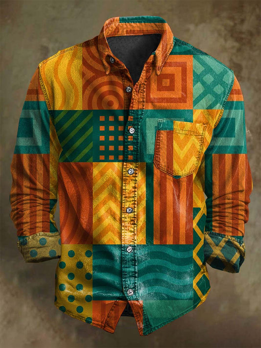 Abstract Color-Blocked Geometric Print Casual Long-Sleeve Shirt