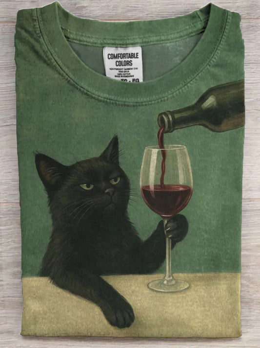 Funny Cat Drinking Print Casual Short-Sleeve T-Shirt