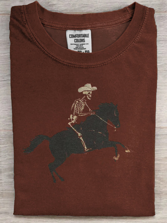 Retro Western Cowboy Skull Print Casual Short-Sleeve T-Shirt