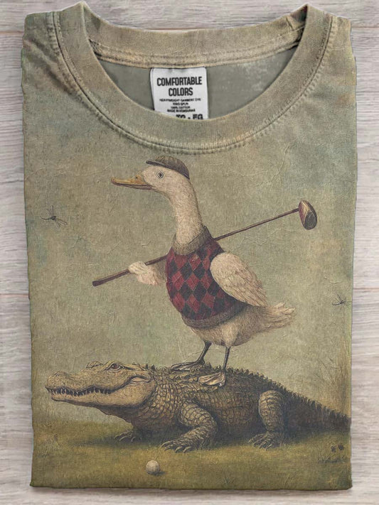 Funny Duck and Crocodile Golf Print Casual Short-Sleeve T-Shirt