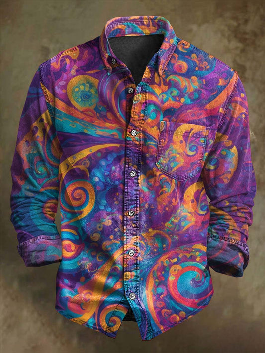Abstract Psychedelic Swirl Print Casual Long-Sleeve Shirt