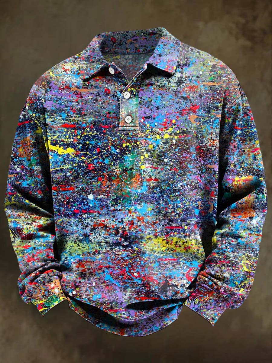 Abstract Colorful Ink-Splash Print Casual Long-Sleeve Polo Shirt
