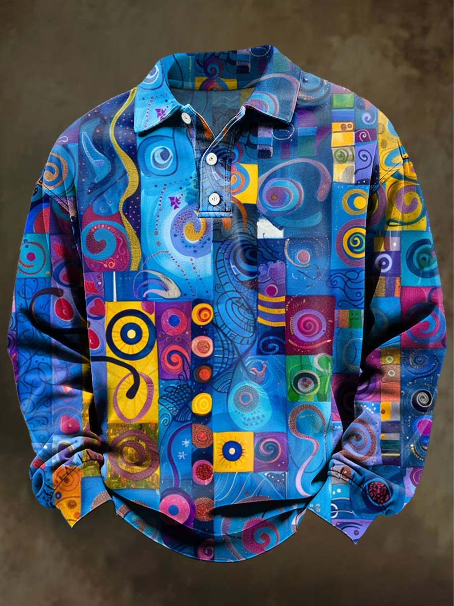 Abstract Irregular Geometric Print Casual Long-Sleeve Polo Shirt