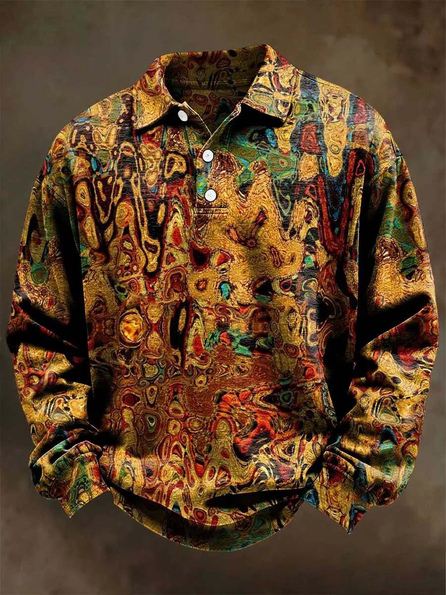 Abstract Psychedelic Print Casual Long-Sleeve Polo Shirt