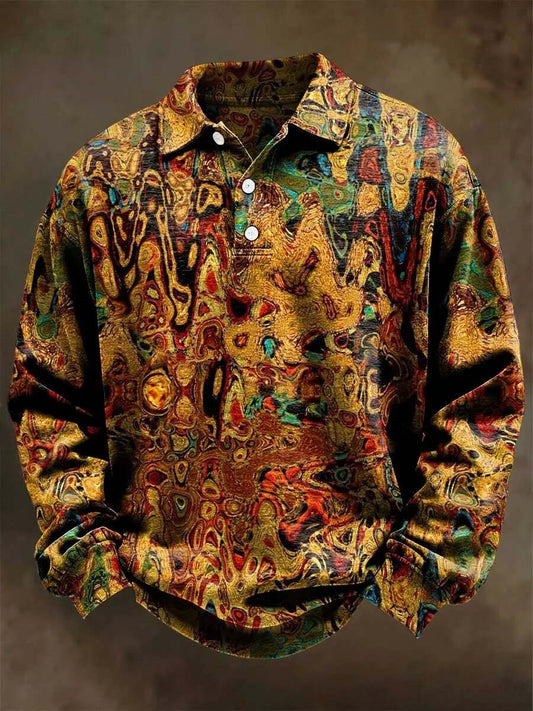 Abstract Psychedelic Print Casual Long-Sleeve Polo Shirt