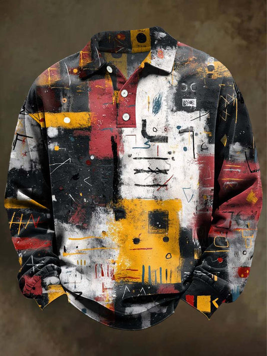 Abstract Doodle Print Casual Long-Sleeve Polo Shirt