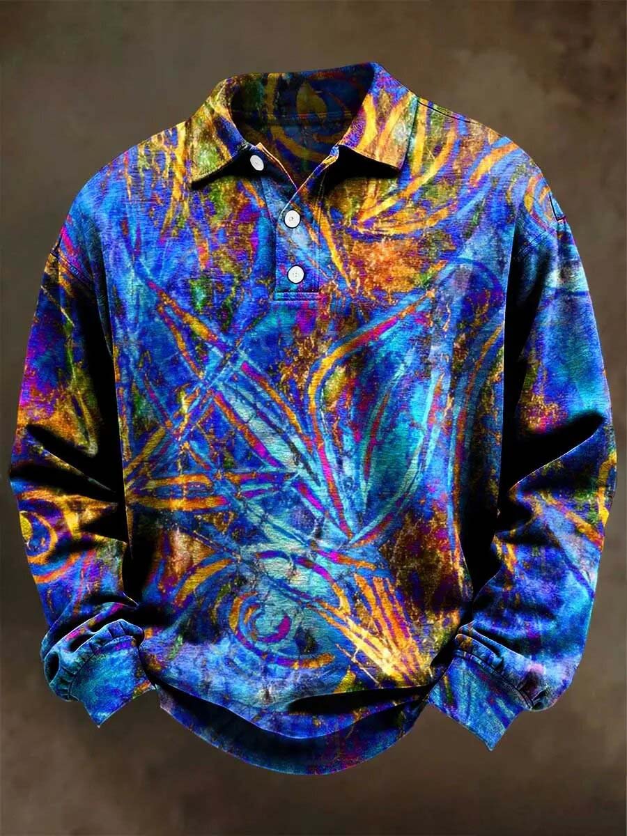 Abstract Color-Block Print Casual Long-Sleeve Polo Shirt