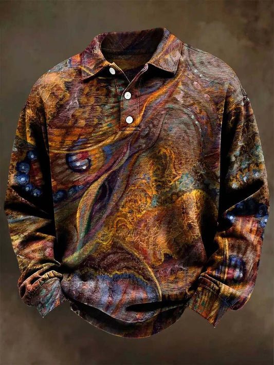 Abstract Gradient Psychedelic Print Casual Long-Sleeve Polo Shirt