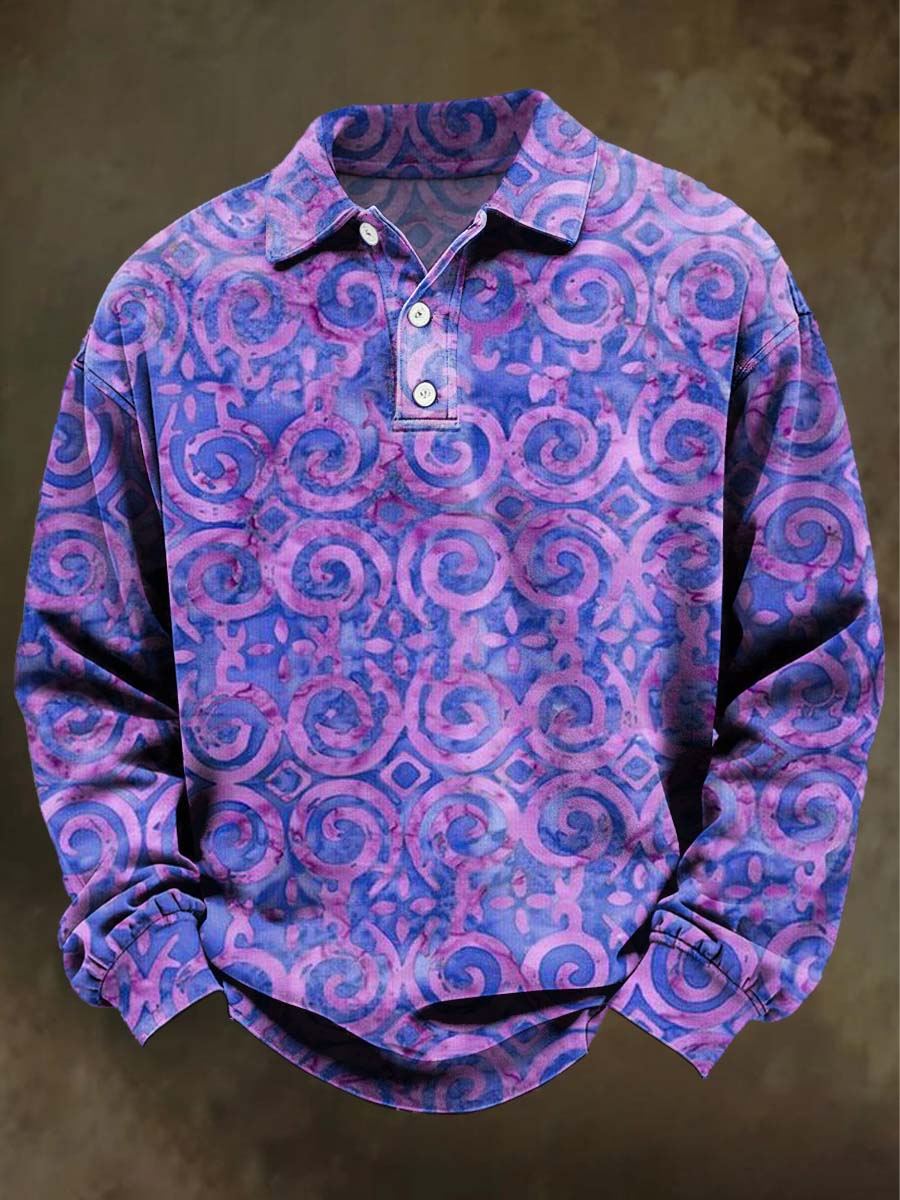 Abstract Swirl Print Casual Long-Sleeve Polo Shirt