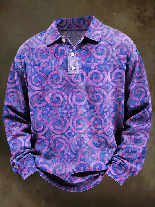 Abstract Swirl Print Casual Long-Sleeve Polo Shirt