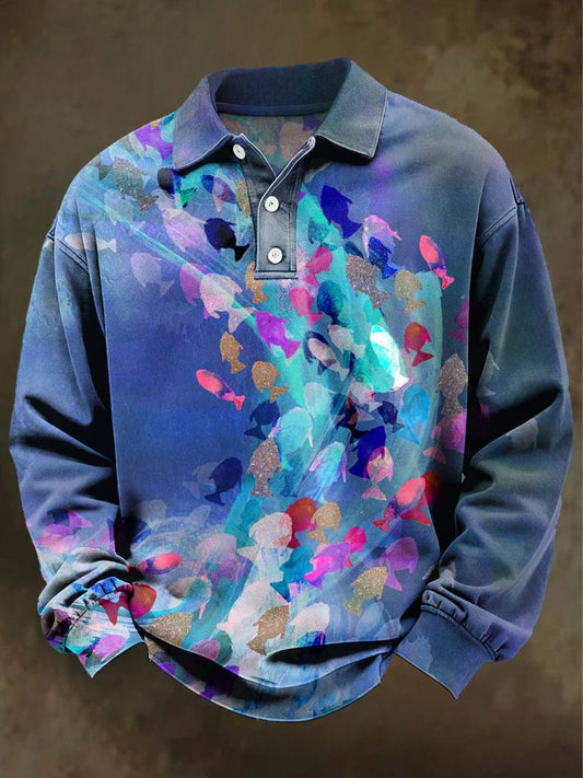 Abstract Fish School Print Casual Long-Sleeve Polo Shirt