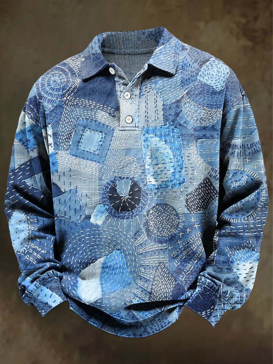 Abstract Patchwork Print Casual Long-Sleeve Polo Shirt