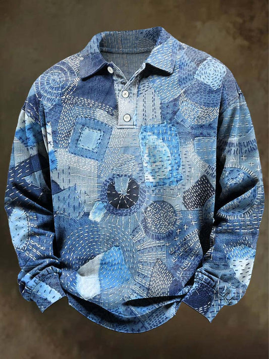 Abstract Patchwork Print Casual Long-Sleeve Polo Shirt