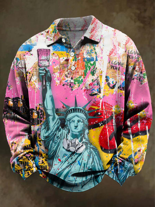 Abstract Doodle Statue of Liberty Print Casual Long-Sleeve Polo Shirt