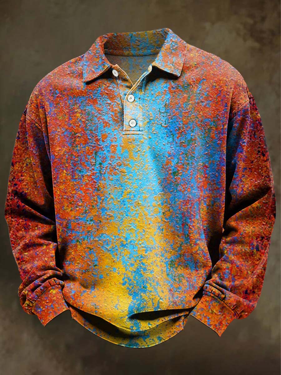 Abstract Color-Block Print Casual Long-Sleeve Polo Shirt