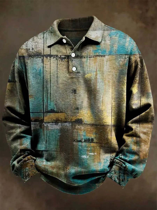Abstract Color-Block Art Print Casual Long-Sleeve Polo Shirt