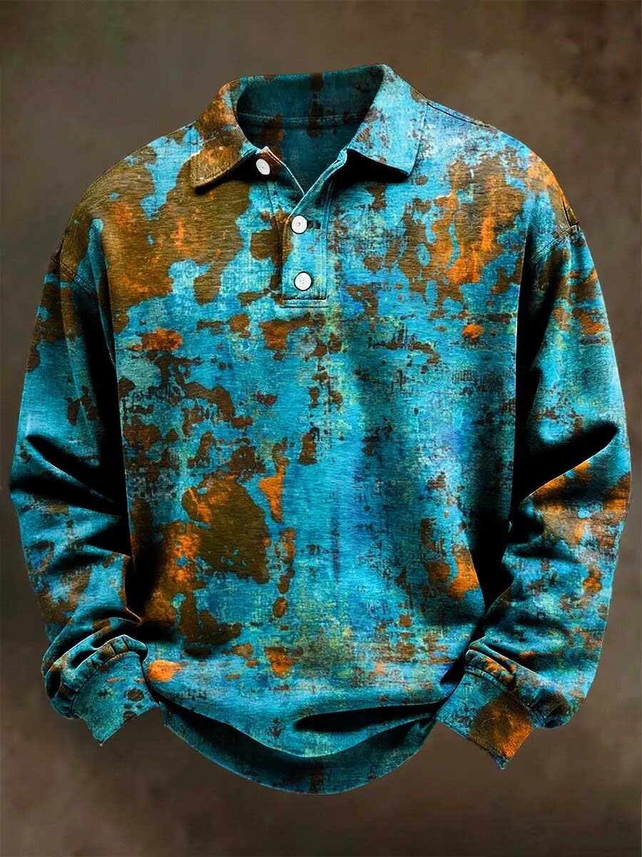 Abstract Rust Print Casual Long-Sleeve Polo Shirt