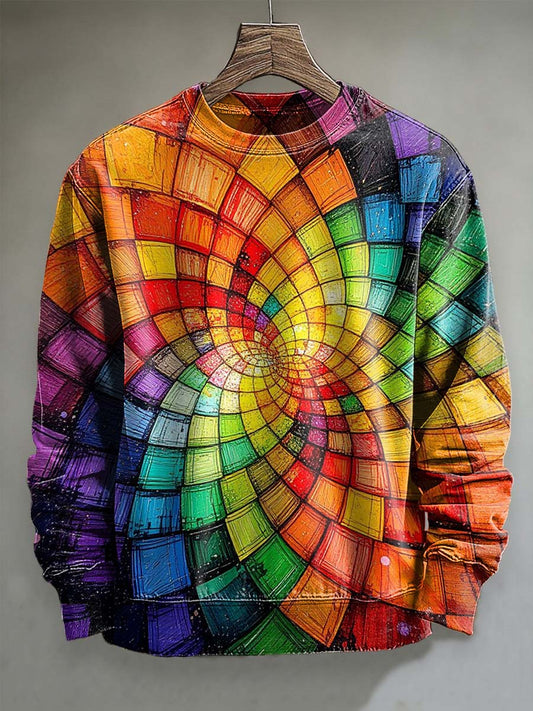 Abstract Colorful Checkered Swirl Print Casual Crewneck Sweatshirt
