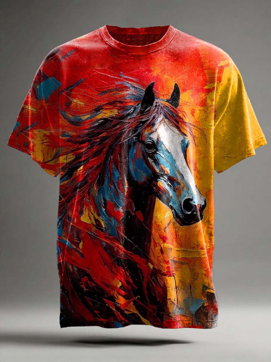 Retro Abstract Horse Print Casual Short-Sleeve T-Shirt