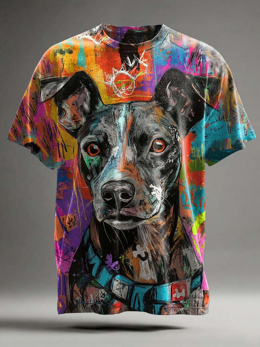 Abstract Doodle Dog Print Casual Short-Sleeve T-Shirt