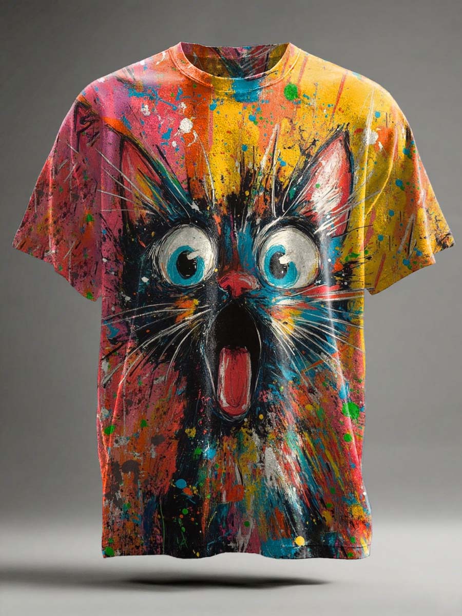 Abstract Doodle Cat Print Casual Short-Sleeve T-Shirt