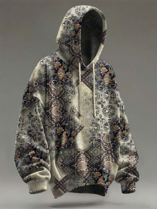 Retro Ethnic Floral Print Casual Hooded Sweatshirt