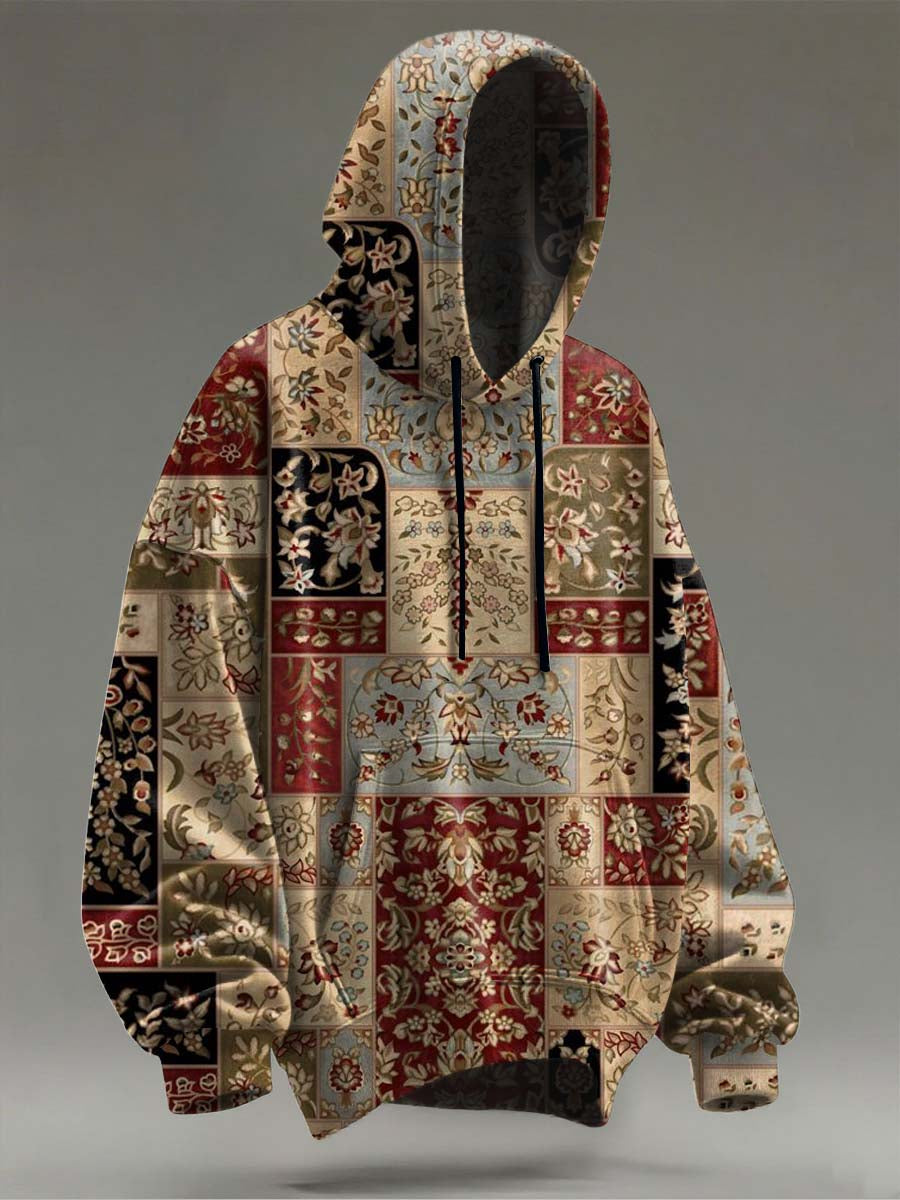 Retro Ethnic Floral Print Casual Hooded Sweatshirt