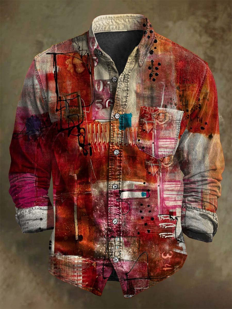 Abstract Color-Blocked Graffiti Line Print Casual Long-Sleeve Shirt