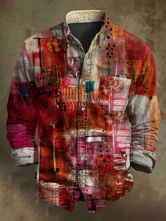 Abstract Color-Blocked Graffiti Line Print Casual Long-Sleeve Shirt