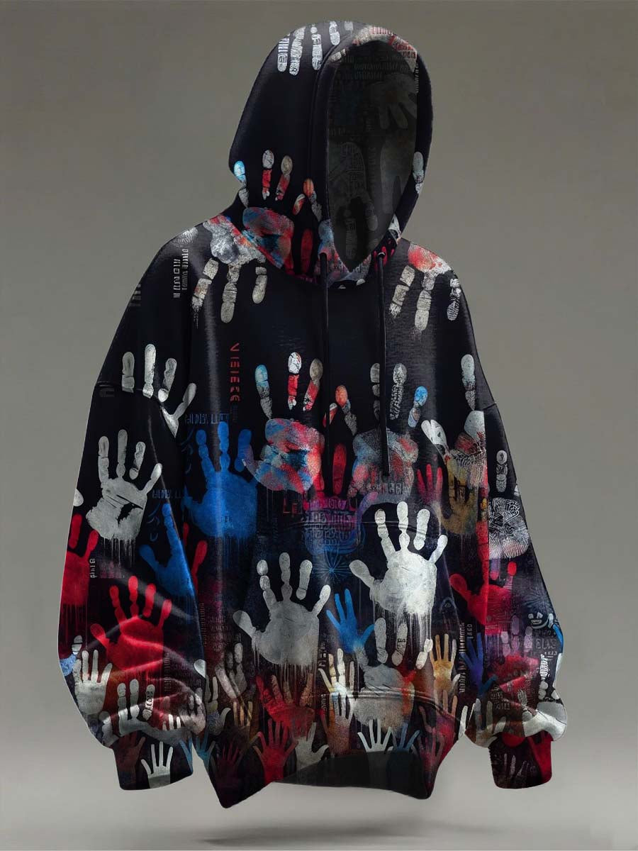 Abstract Doodle Palm Print Casual Hooded Sweatshirt