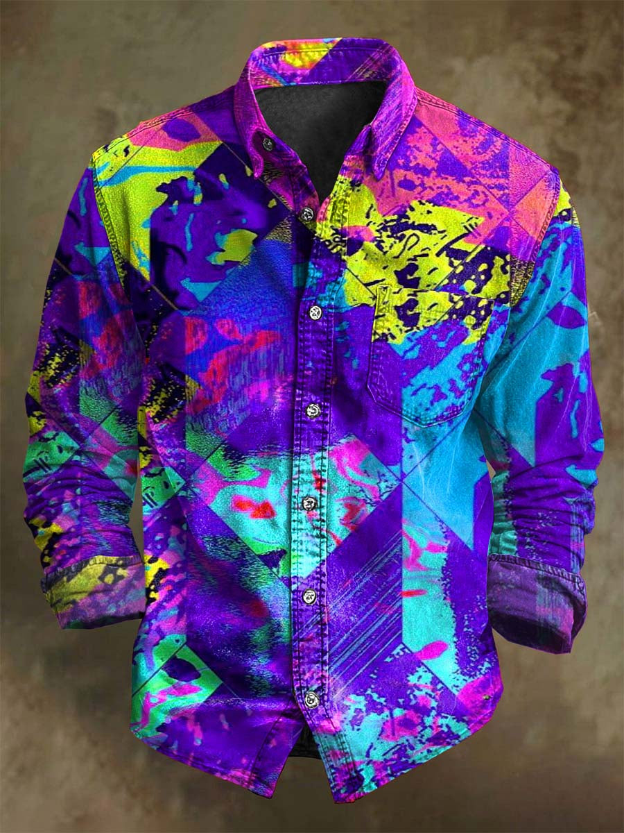 Abstract Patchwork Geometric Print Casual Long-Sleeve Shirt