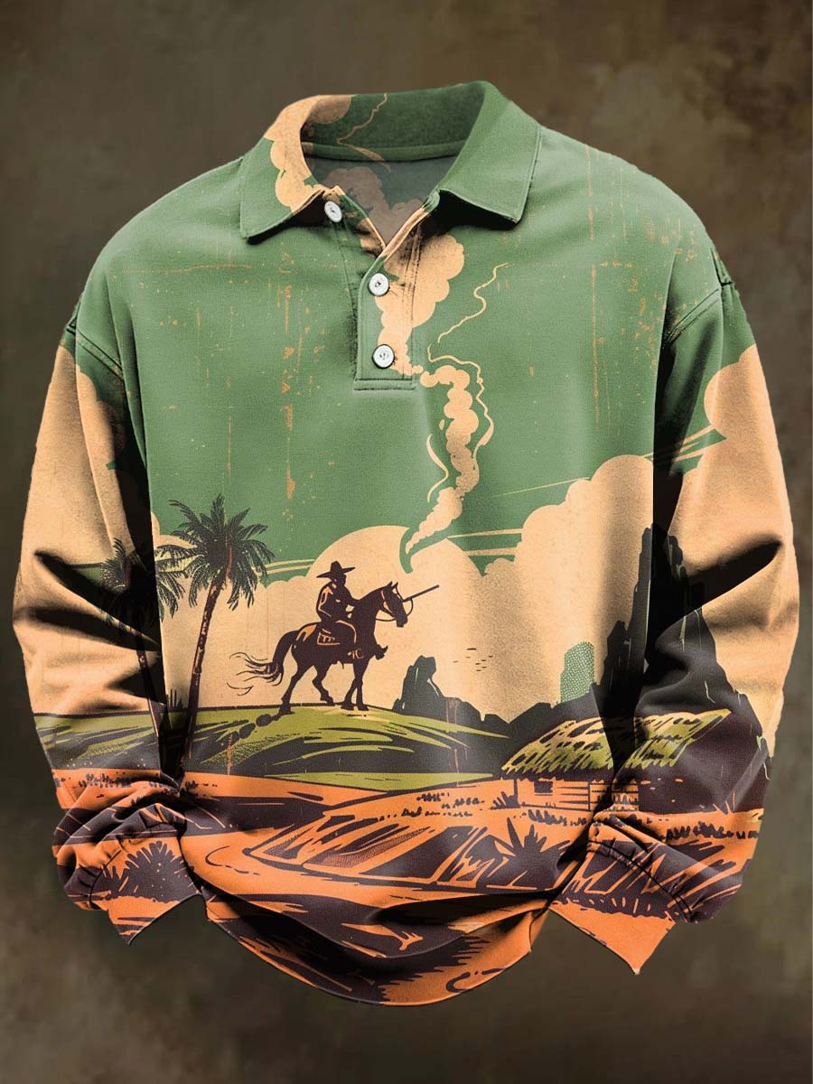 Western Cowboy Print Casual Long-Sleeve Polo Shirt