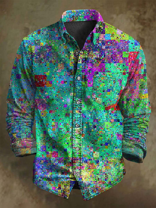 Color-blocked Abstract Mosaic Print Casual Long-Sleeve Shirt