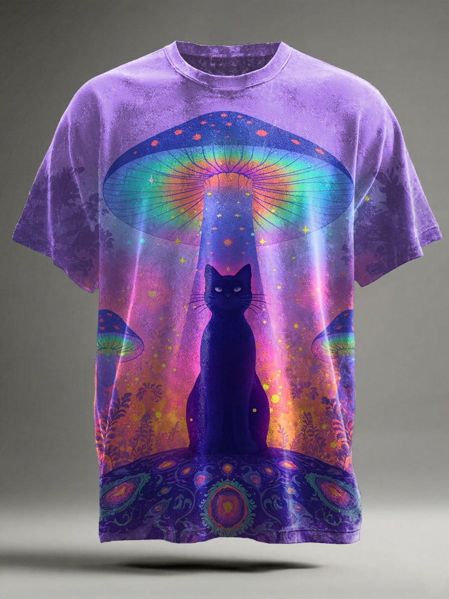 Abstract Spaceship Cat Print Casual Short-Sleeve T-Shirt