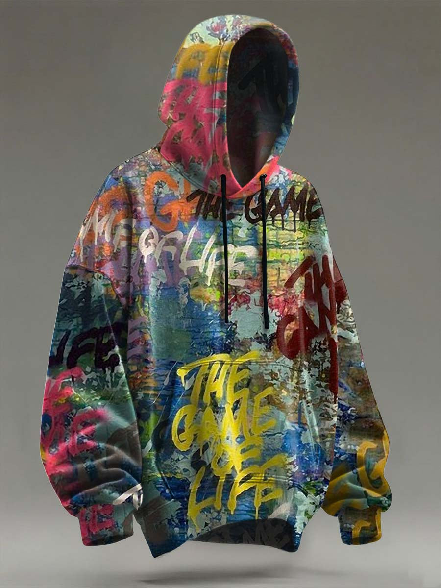 Abstract Street Alphabet Graffiti Print Casual Hooded Sweatshirt