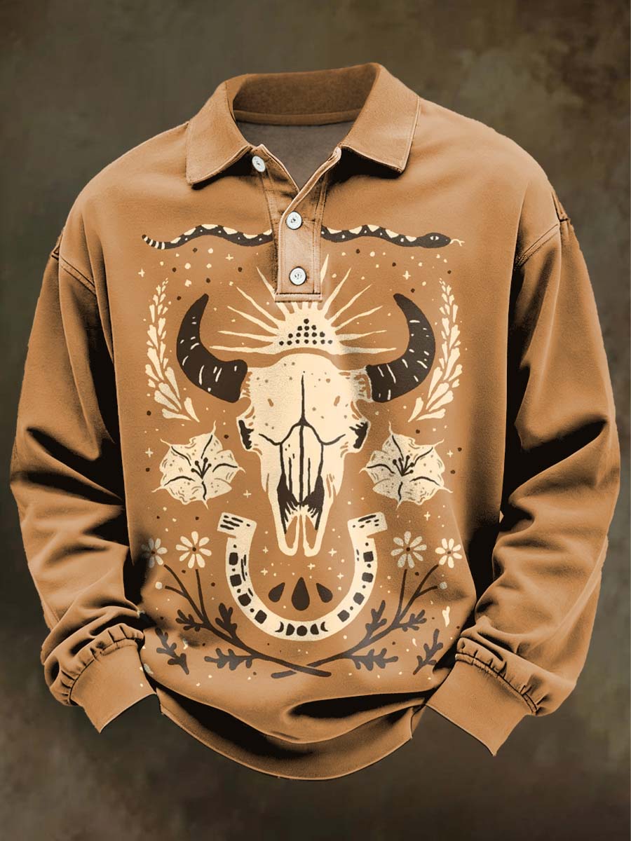 Western Cowboy Print Casual Long-Sleeve Polo Shirt