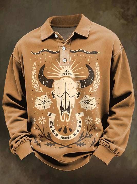 Western Cowboy Print Casual Long-Sleeve Polo Shirt
