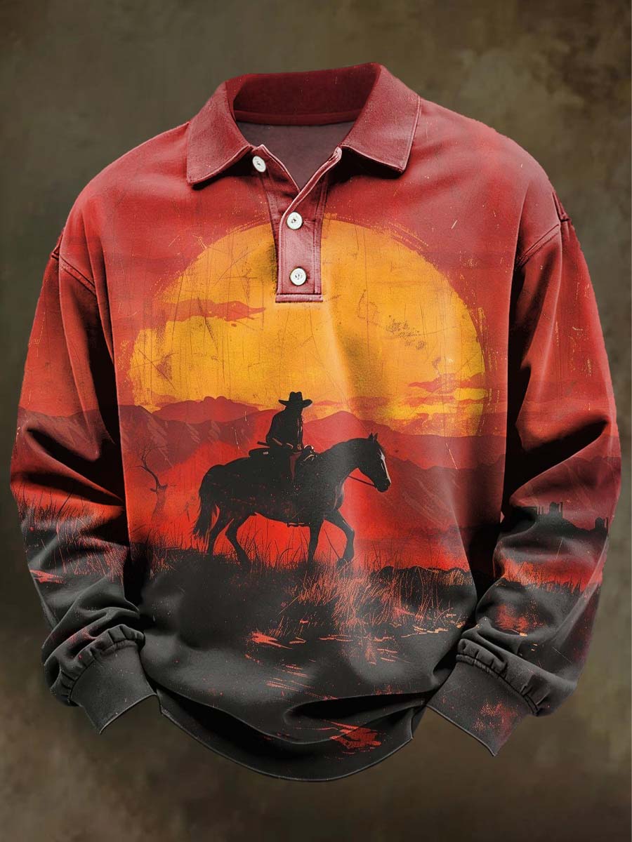 Western Cowboy Print Casual Long-Sleeve Polo Shirt