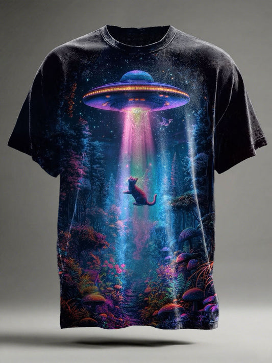 Abstract Spaceship Cat Print Casual Short-Sleeve T-Shirt