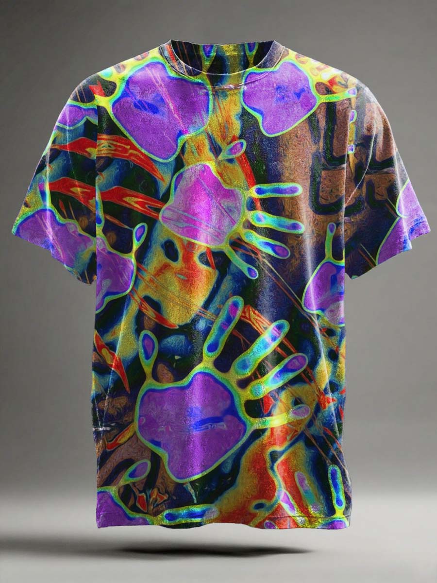 Abstract Thermal-Sensitive Handprint Print Casual Short-Sleeve T-Shirt