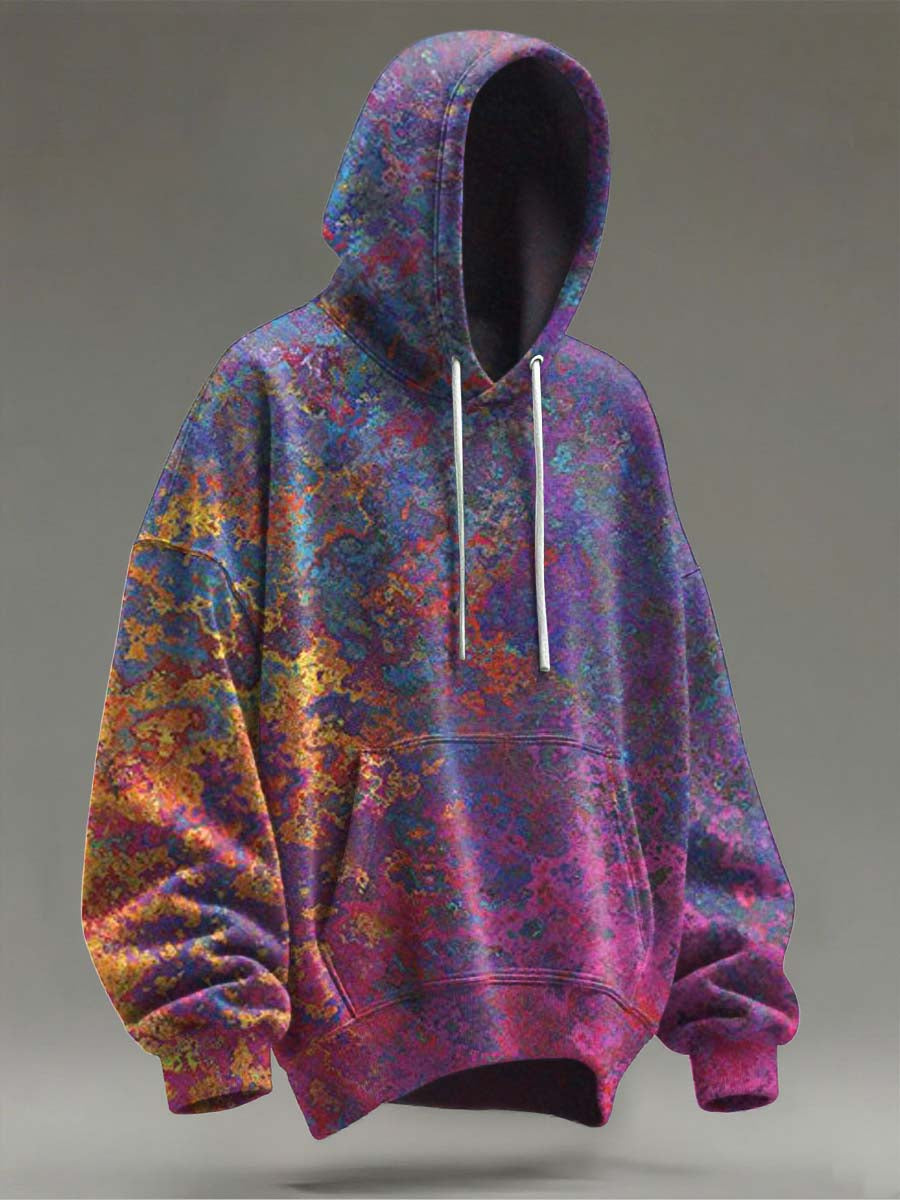 Abstract Rust-Printed Casual Hooded Sweatshirt