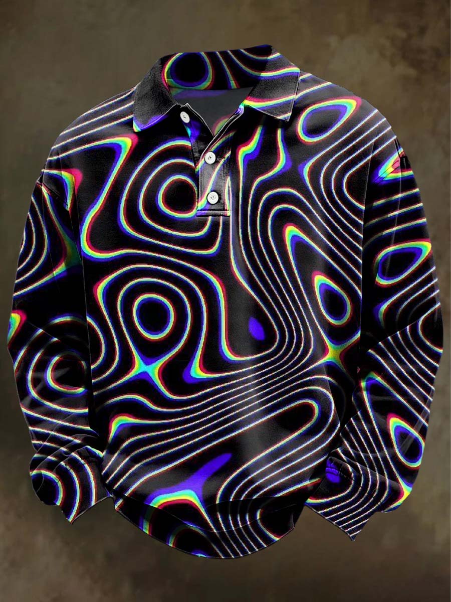 Psychedelic lrregular Geometric Print CasuLong-Sleeve Polo Shirt