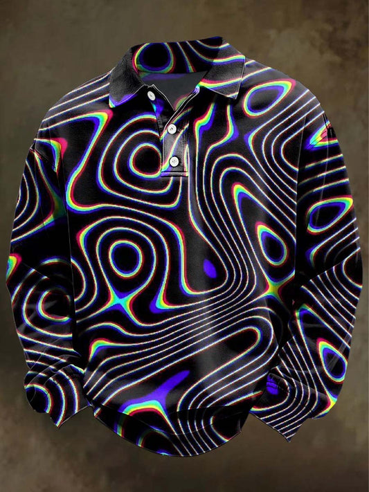 Psychedelic lrregular Geometric Print CasuLong-Sleeve Polo Shirt