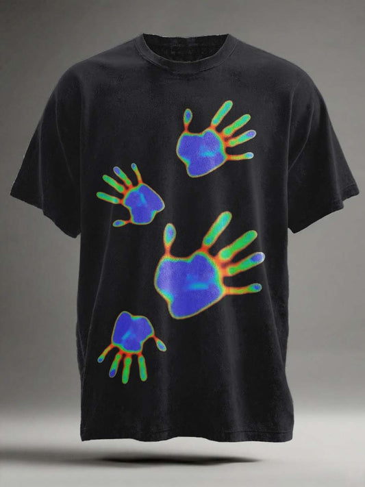 Abstract Thermal-Sensitive Handprint Print Casual Short-Sleeve T-Shirt