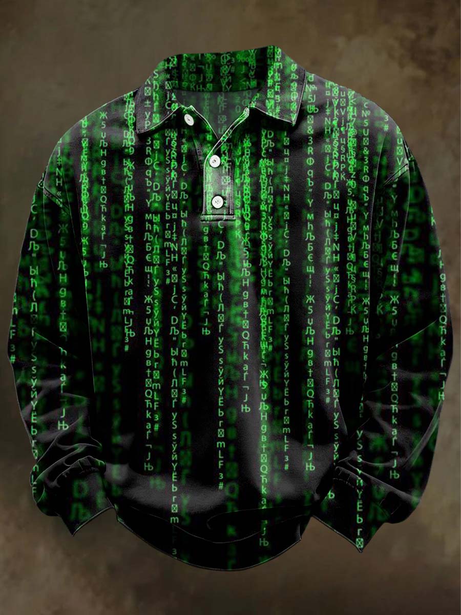 Abstract Cyberpunk Print Casual Long-Sleeve Polo Shirt