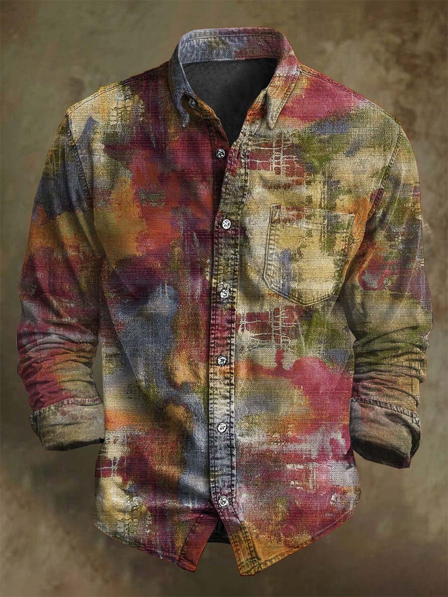 Abstract Gradient Distressed Print Casual Long-Sleeve Shirt