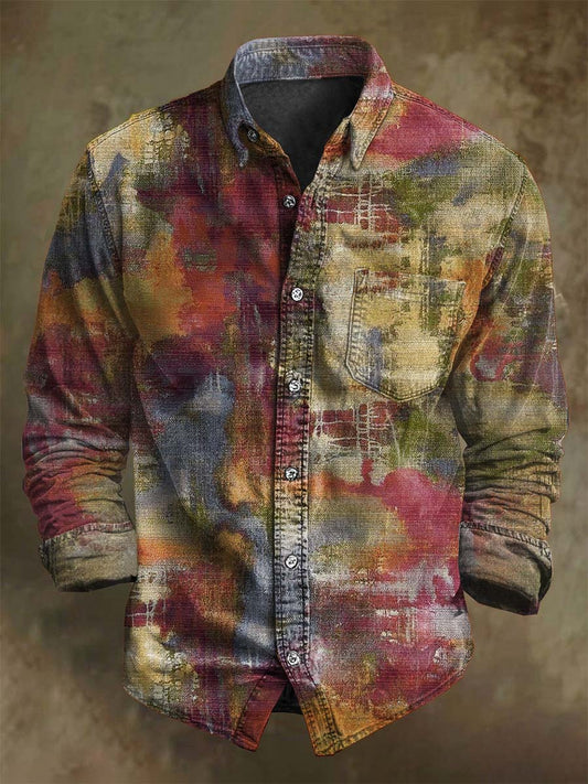 Abstract Gradient Distressed Print Casual Long-Sleeve Shirt