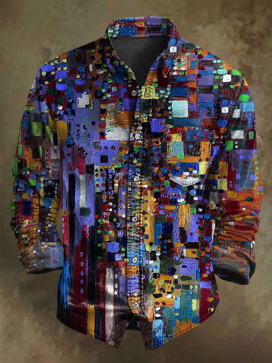 Abstract Oil Painting Geometric Print Casual Long-Sleeve Shirt
