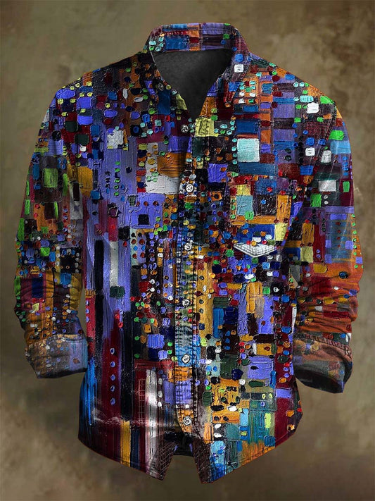 Abstract Oil Painting Geometric Print Casual Long-Sleeve Shirt