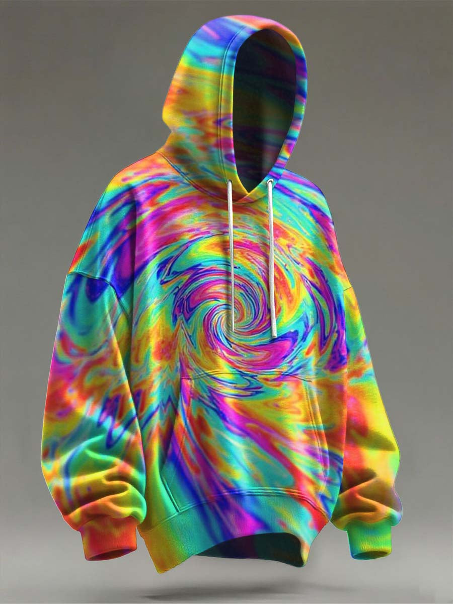 Abstract Color Swirl Print Casual Hooded Sweatshirt